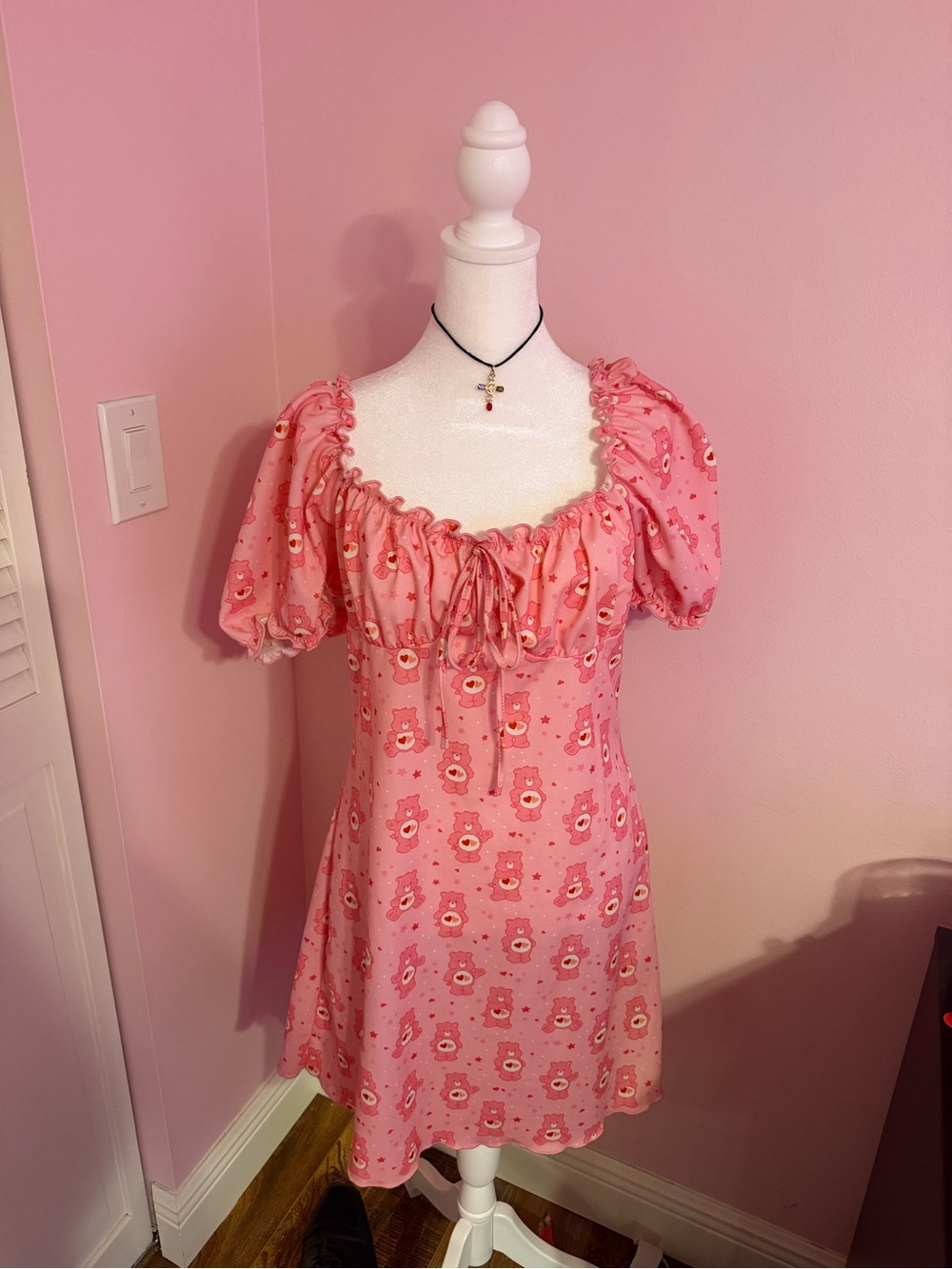 Care Bears Pink Puff-Sleeve Mini Dress with Floral Motif